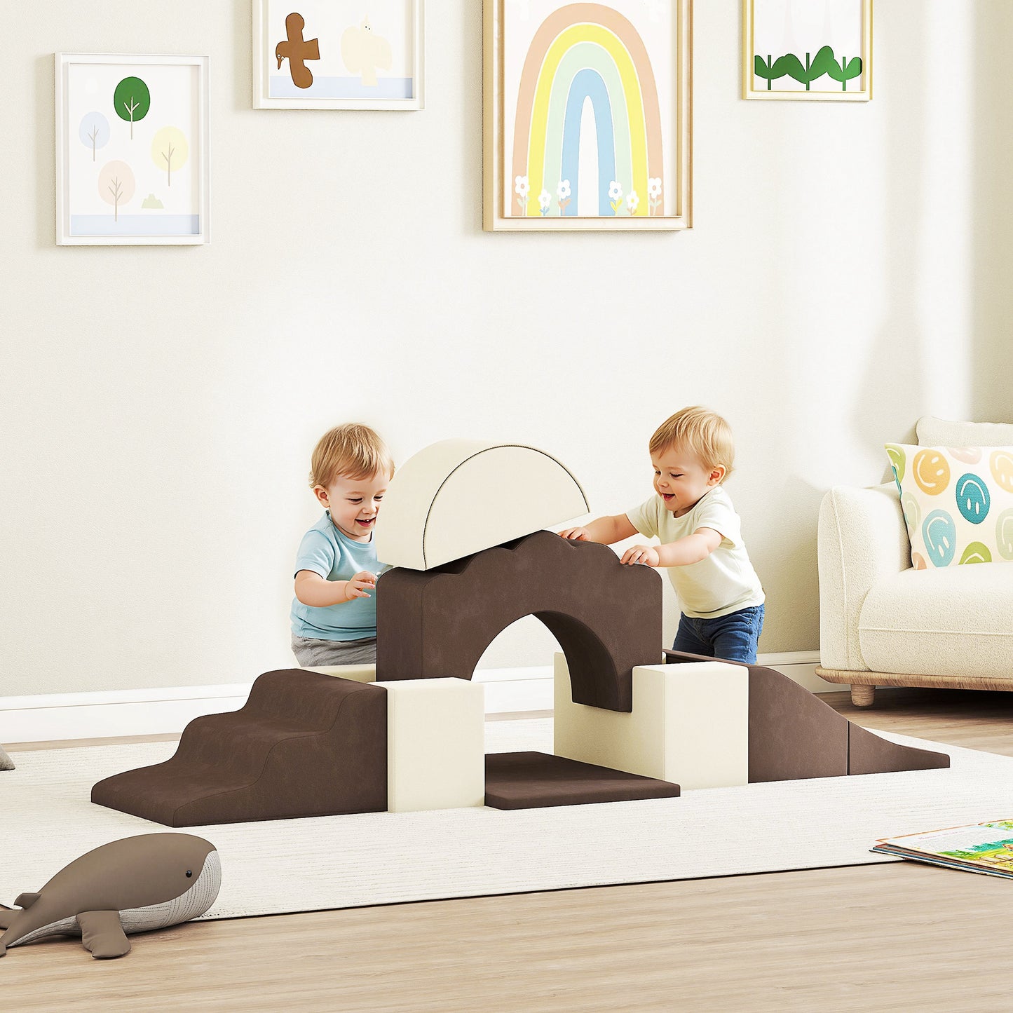 Kids Soft Play Set, 7 Piece Foam Climbing Blocks, Brown