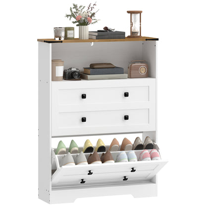 Narrow Shoe Cabinet, Farmhouse Shoe Storage Cabinet with 2 Flip Drawers, Adjustable Shelves and Open Shelf for Hallway, Space Saving, Holds 12-16 Pairs, White