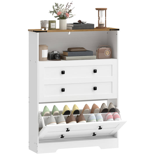 Narrow Shoe Cabinet, Farmhouse Shoe Storage Cabinet with 2 Flip Drawers, Adjustable Shelves and Open Shelf for Hallway, Space Saving, Holds 12-16 Pairs, White