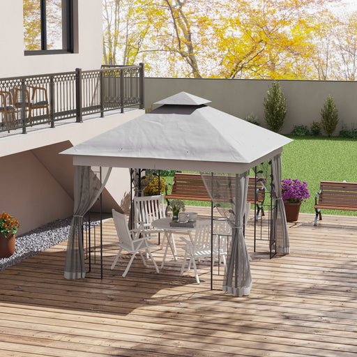 3(m) x 3(m) Double Roof Outdoor Garden Gazebo Canopy Shelter with Netting, Solid Steel Frame, Grey