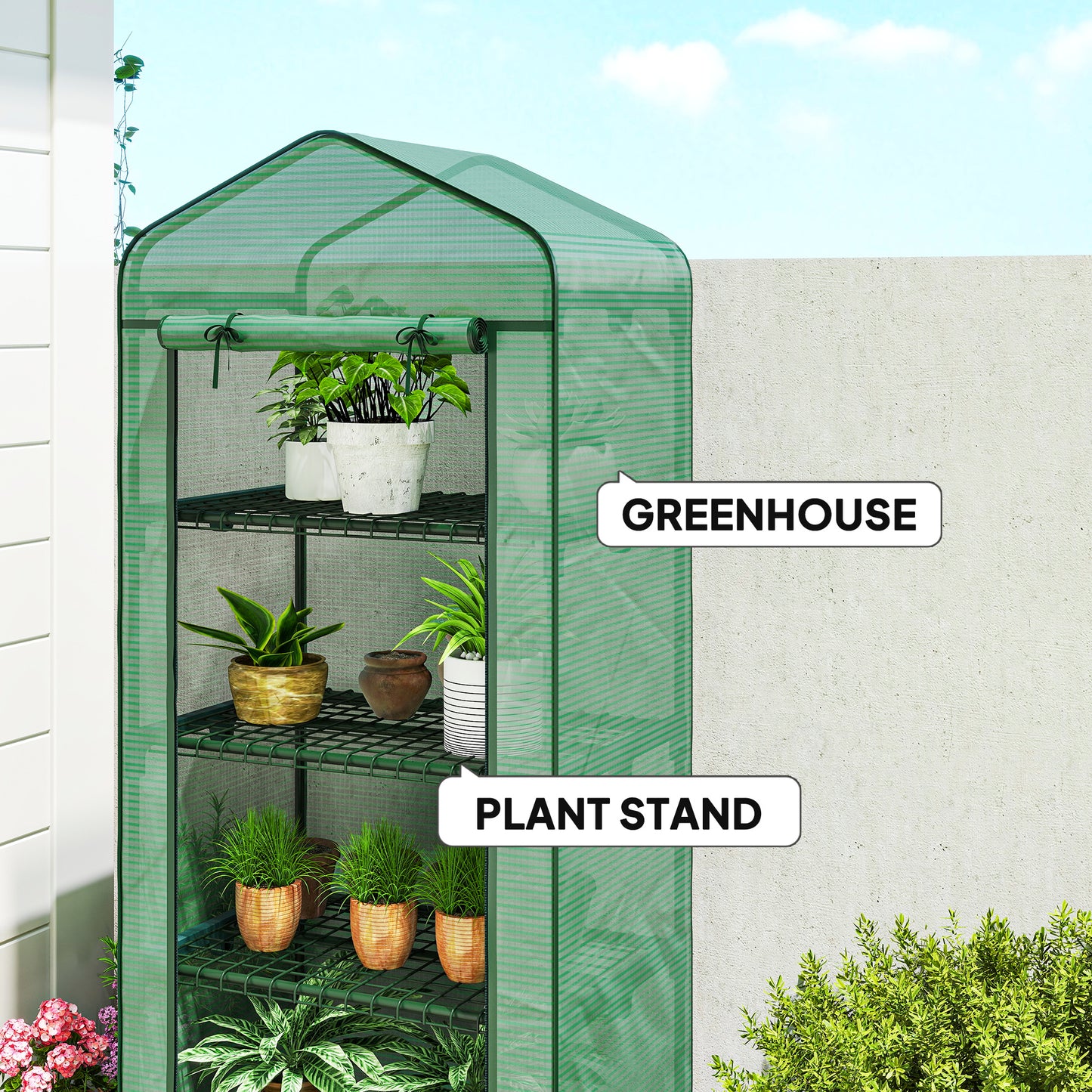 4 Tiers Mini Portable Greenhouse, Compact Plant Grow Shed with Metal Frame and PE Cover, Lockable Wheels, 165H x 69L x 50W cm, Green