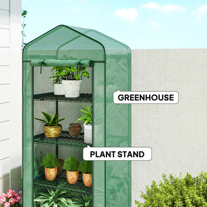 4 Tiers Mini Portable Greenhouse, Compact Plant Grow Shed with Metal Frame and PE Cover, Lockable Wheels, 165H x 69L x 50W cm, Green