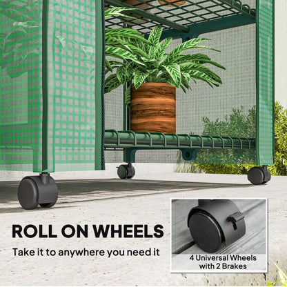 4 Tiers Mini Portable Greenhouse, Compact Plant Grow Shed with Metal Frame and PE Cover, Lockable Wheels, 165H x 69L x 50W cm, Green