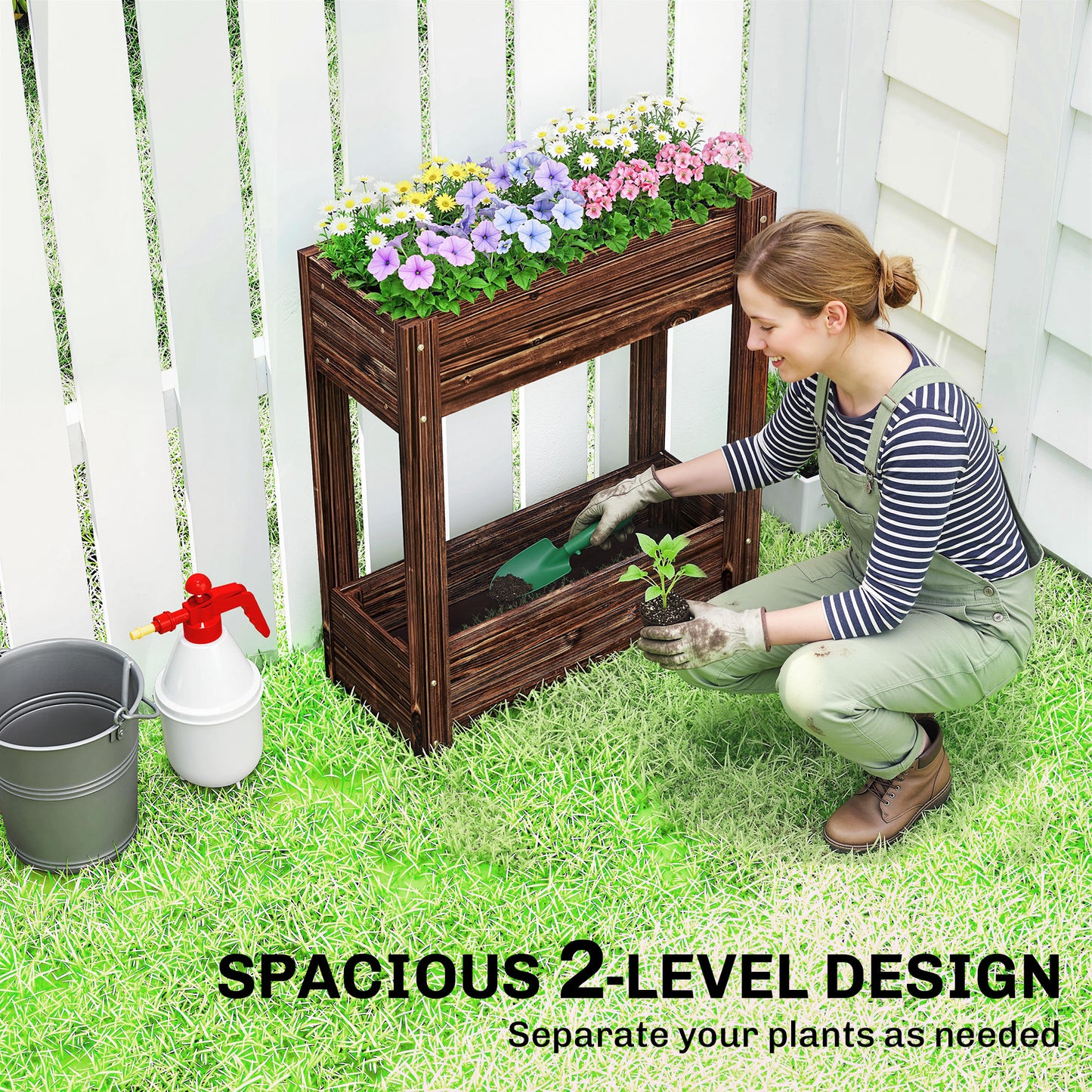 2-Tier Wooden Raised Planter, Raised Garden Bed on Legs
