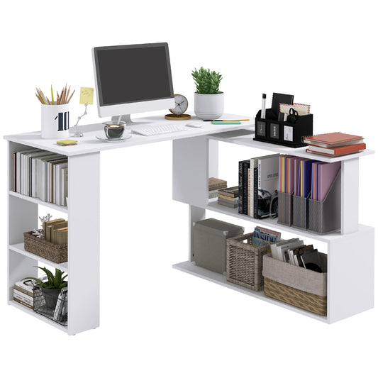 Corner Computer Desk with 360° Rotating Design and Bookshelf, White
