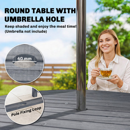 Garden Dining Set, Round Table and Chairs w/ Parasol Hole, Grey