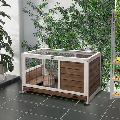 Rabbit Cages, Guinea Pig Hutch w/ Roof & Wheels, No-Leak Tray, Brown