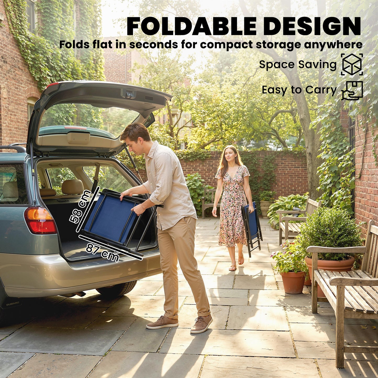 Folding Garden Chairs Set of 2 with High Back, Armrests, Navy Blue