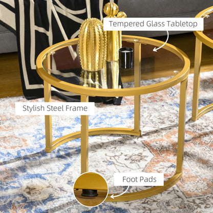 Modern Coffee Table Set of 2, Nesting Tables with Glass Top, Gold