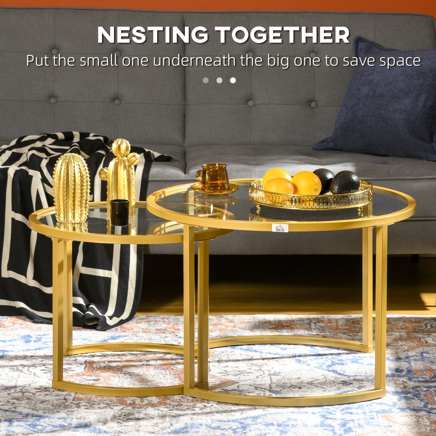 Modern Coffee Table Set of 2, Nesting Tables with Glass Top, Gold