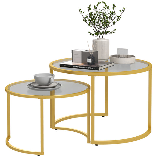 Modern Coffee Table Set of 2, Nesting Tables with Glass Top, Gold