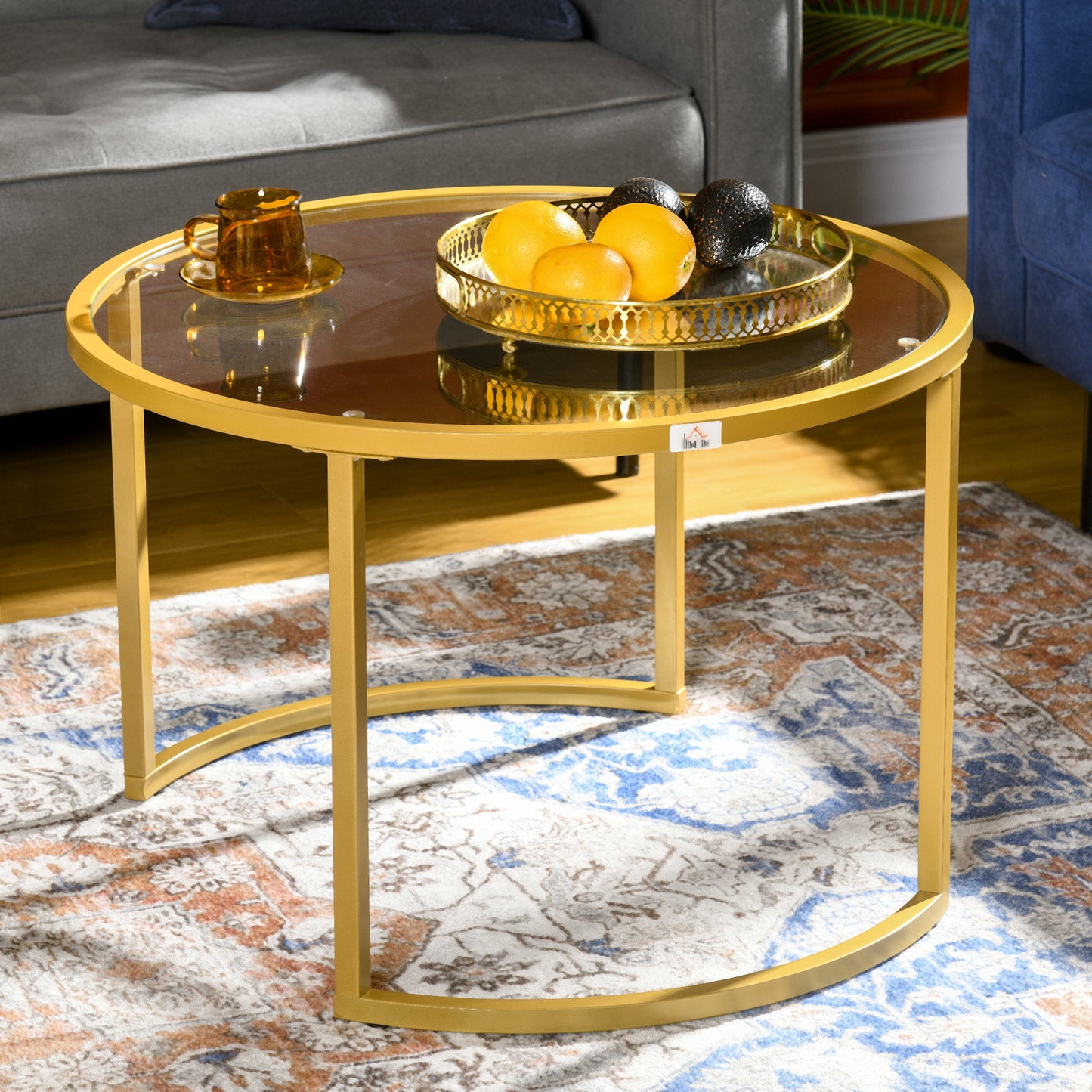 Modern Coffee Table Set of 2, Nesting Tables with Glass Top, Gold