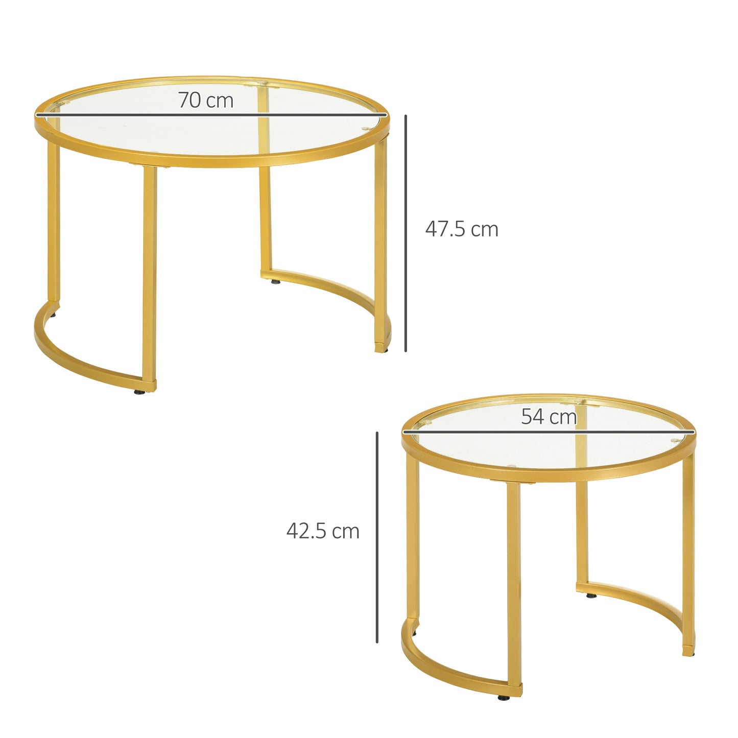 Modern Coffee Table Set of 2, Nesting Tables with Glass Top, Gold