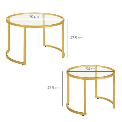 Modern Coffee Table Set of 2, Nesting Tables with Glass Top, Gold