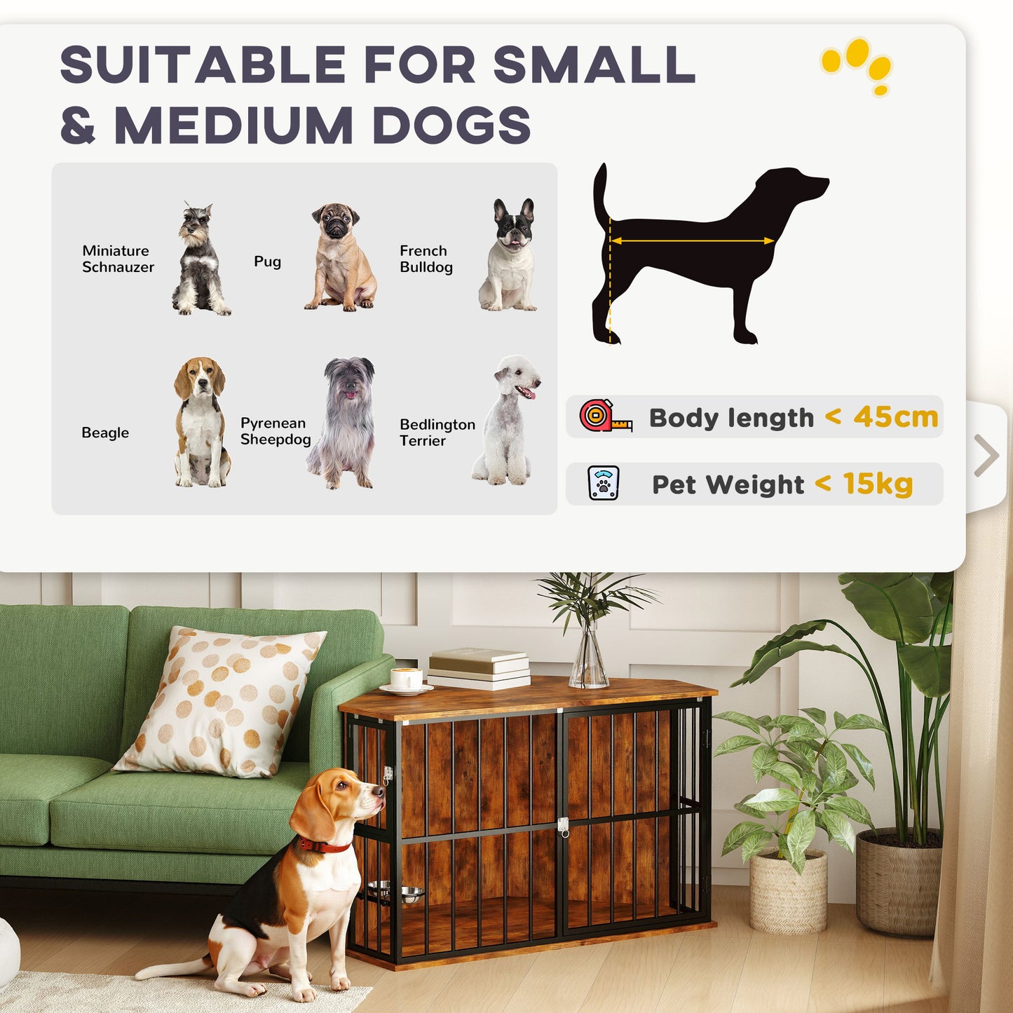 Corner Dog Crate Furniture, Heavy Duty Dog Kennel Side End Table Indoor with 2 Bowls, Lockable Doors, Decorative Pet for Small and Medium Dogs, Rustic Brown