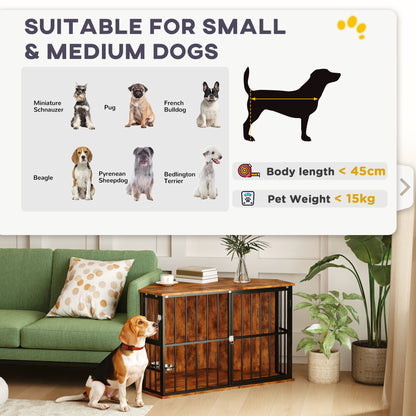 Corner Dog Crate Furniture, Heavy Duty Dog Kennel Side End Table Indoor with 2 Bowls, Lockable Doors, Decorative Pet for Small and Medium Dogs, Rustic Brown