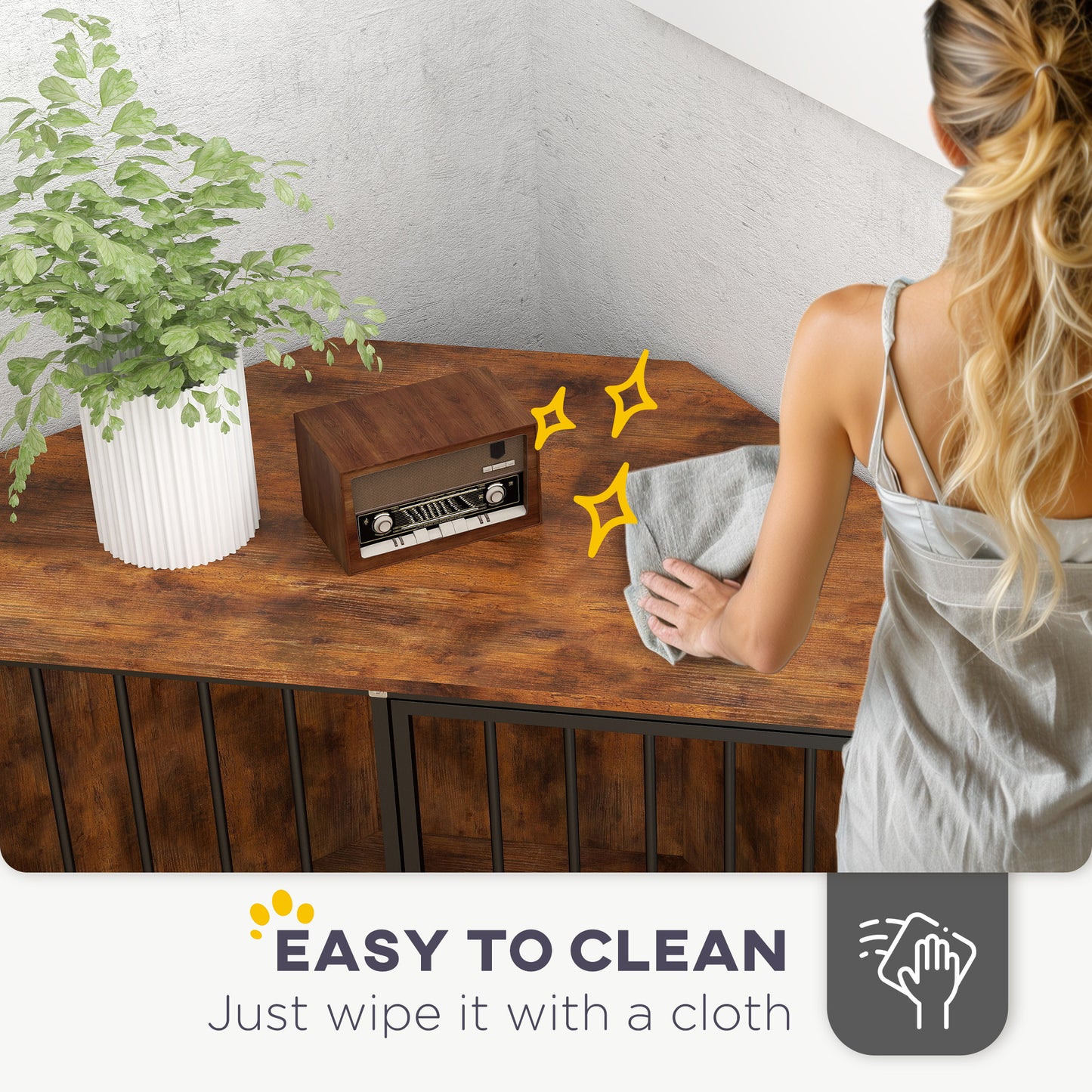 Corner Dog Crate Furniture, Heavy Duty Dog Kennel Side End Table Indoor with 2 Bowls, Lockable Doors, Decorative Pet for Small and Medium Dogs, Rustic Brown