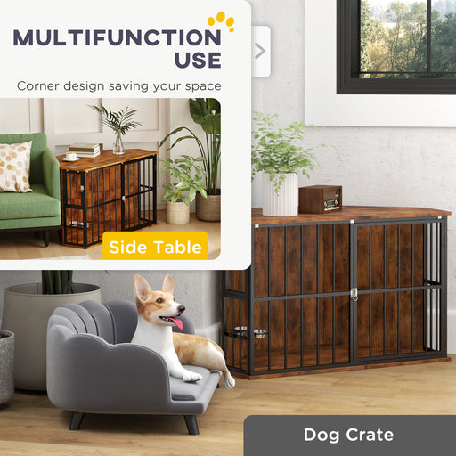 Corner Dog Crate Furniture, Heavy Duty Dog Kennel Side End Table Indoor with 2 Bowls, Lockable Doors, Decorative Pet for Small and Medium Dogs, Rustic Brown