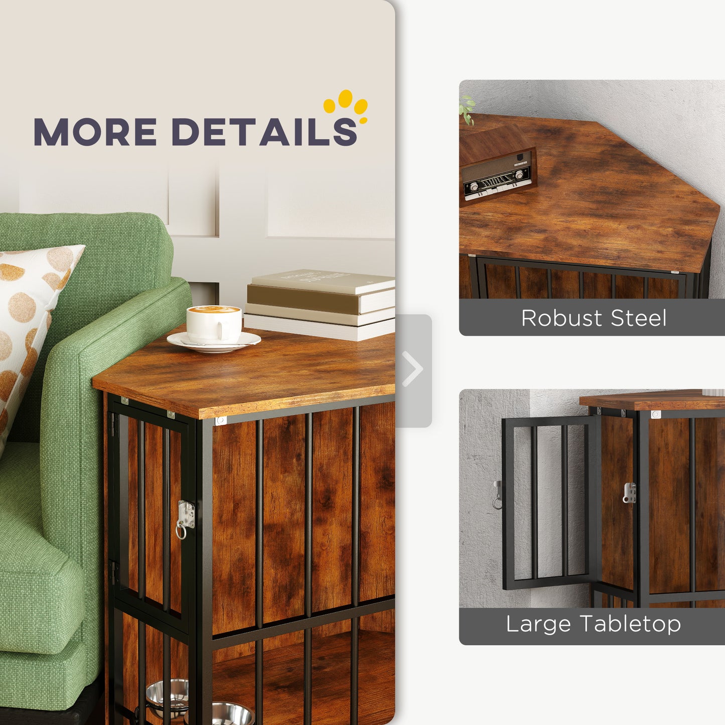 Corner Dog Crate Furniture, Heavy Duty Dog Kennel Side End Table Indoor with 2 Bowls, Lockable Doors, Decorative Pet for Small and Medium Dogs, Rustic Brown