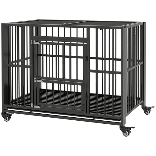 43" Heavy Duty Dog Crate, Foldable Dog Cage, with Openable Top, Locks, Removable Tray, Wheels - Black