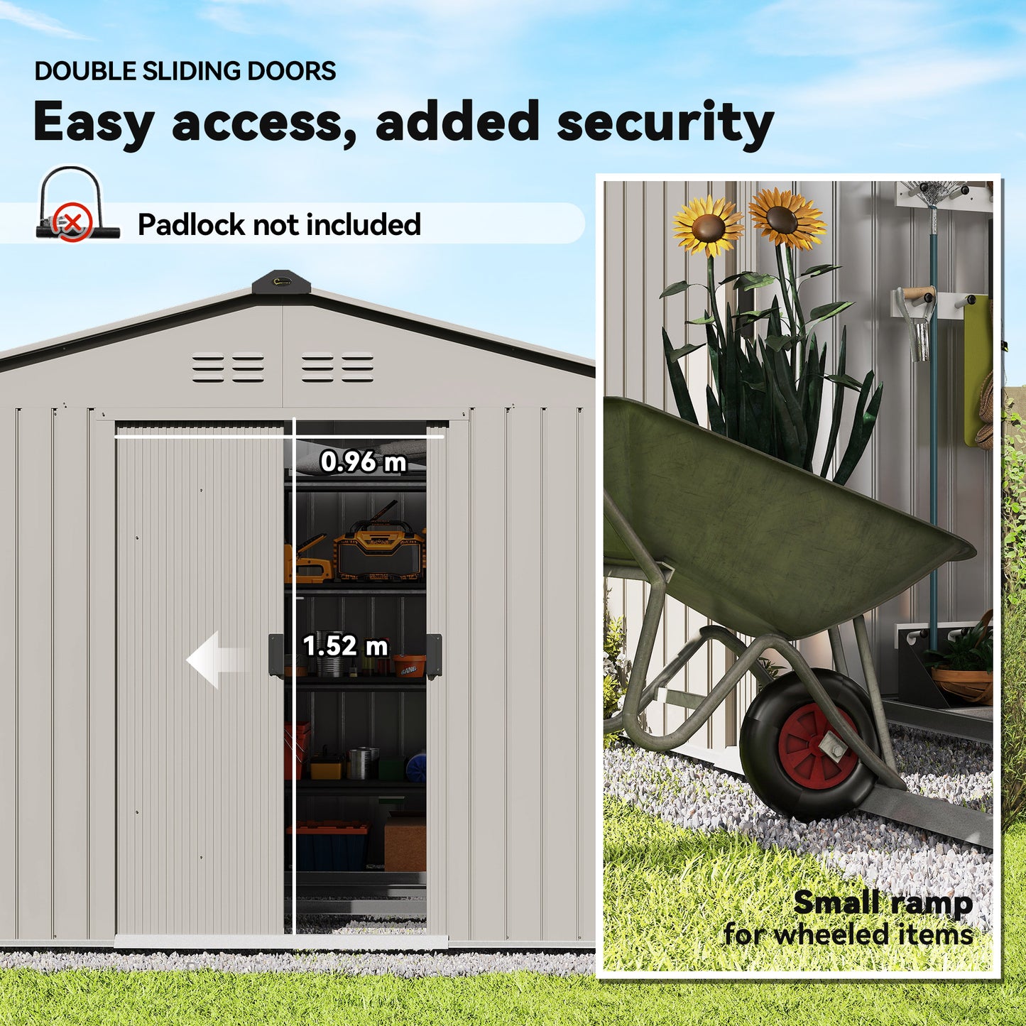 9 x 6ft Metal Garden Shed, Waterproof Outdoor Bike Storage Shed Galvanised with Vents, Foundation Kit, Apex Roof and Lockable Double Doors for Patio Lawn, Silver Grey