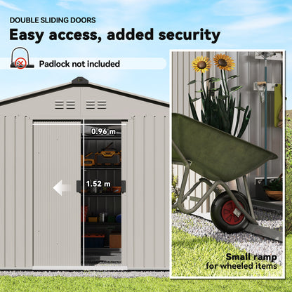 9 x 6ft Metal Garden Shed, Waterproof Outdoor Bike Storage Shed Galvanised with Vents, Foundation Kit, Apex Roof and Lockable Double Doors for Patio Lawn, Silver Grey