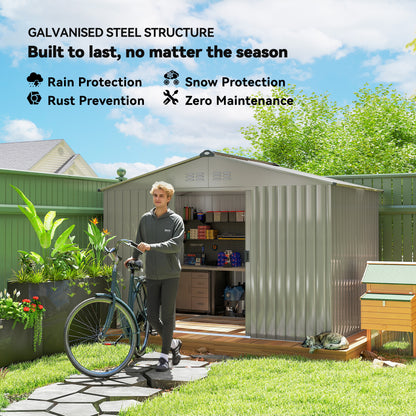9 x 6ft Metal Garden Shed, Waterproof Outdoor Bike Storage Shed Galvanised with Vents, Foundation Kit, Apex Roof and Lockable Double Doors for Patio Lawn, Silver Grey