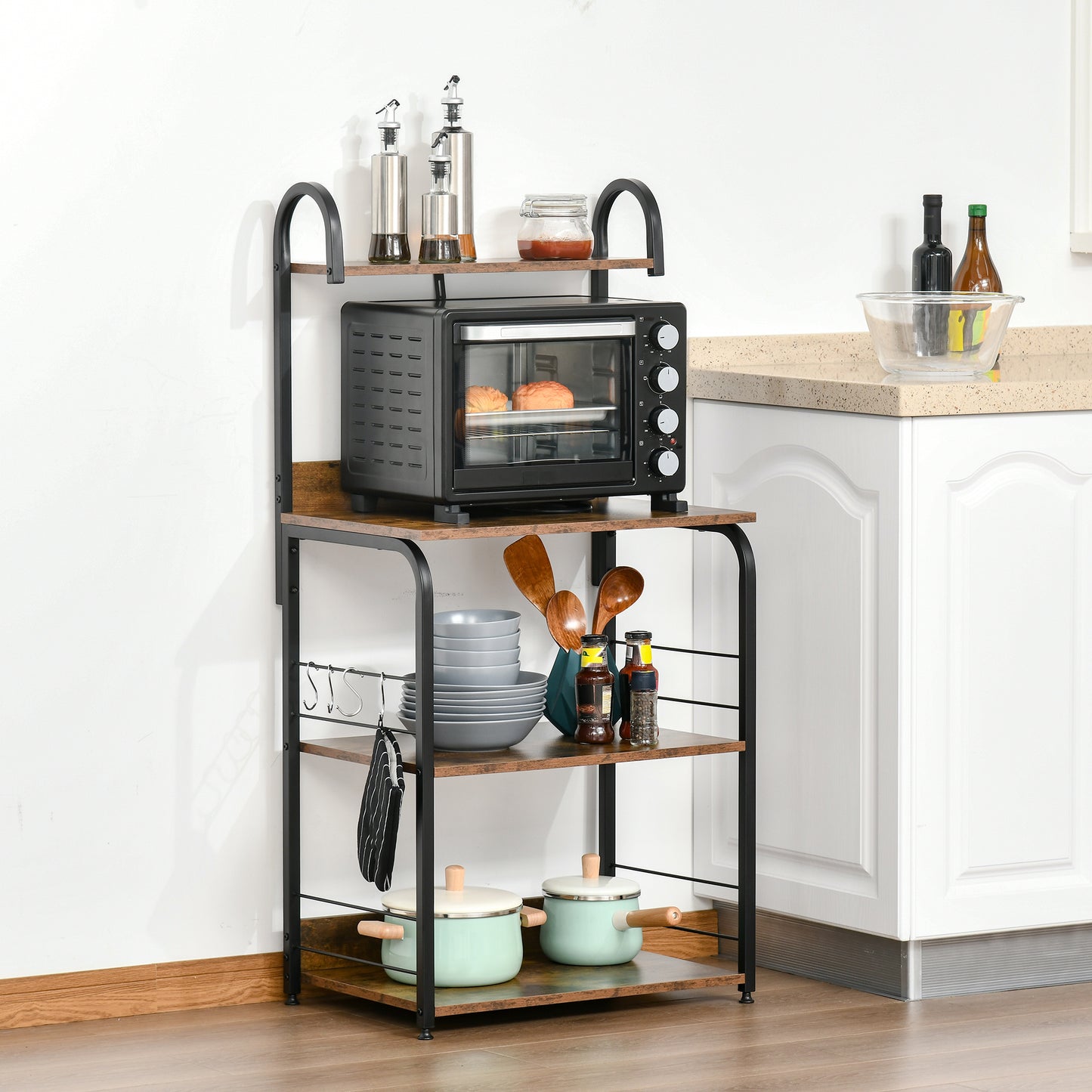 4-Tier Baker's Rack with Storage, Microwave Stand with 4 Hooks
