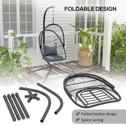 Outdoor PE Rattan Swing Chair with Cushion, Foldable Basket Patio Hanging Chair w/ Metal Stand, Rotation Spring Hook, Basket Height
