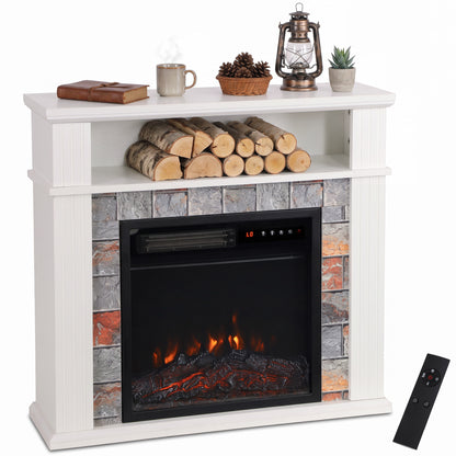 Electric Fireplace Suite with TV Stand, Shelf & Remote - White With Roman Side Pillars