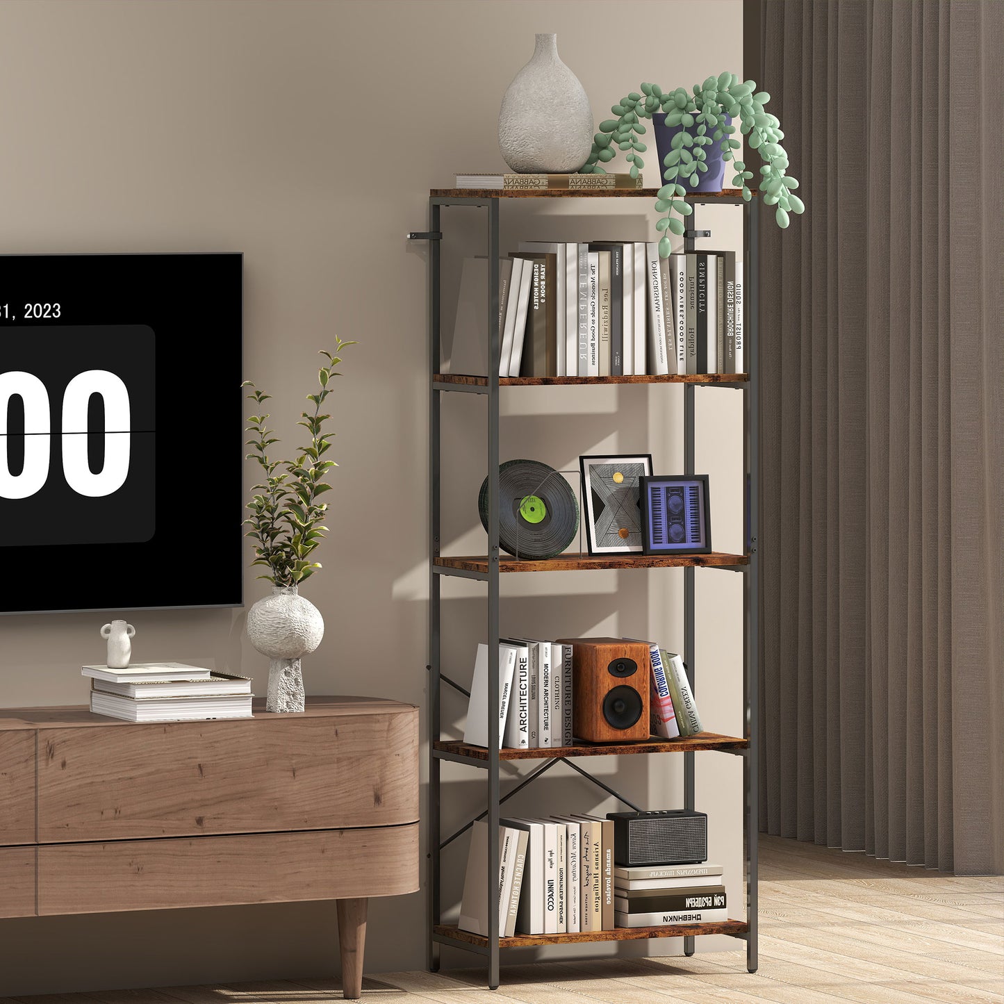 Industrial Bookshelf, Freestanding Bookcase, Rustic Brown and Black