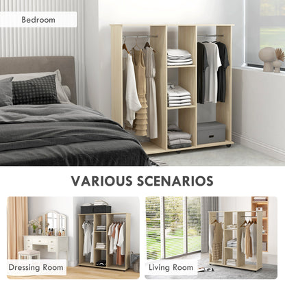 Mobile Double Open Wardrobe w/ Clothes Hanging Rail Colthing Natural