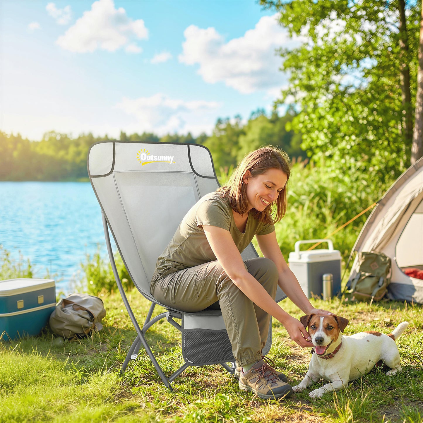 Camping Chair Portable with Side Pocket Light Grey