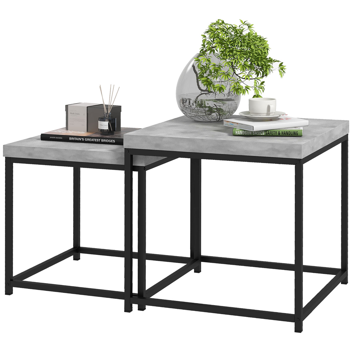 Coffee Table Set of 2, Nest of Tables with 3.5cm Thick Tabletop, Grey