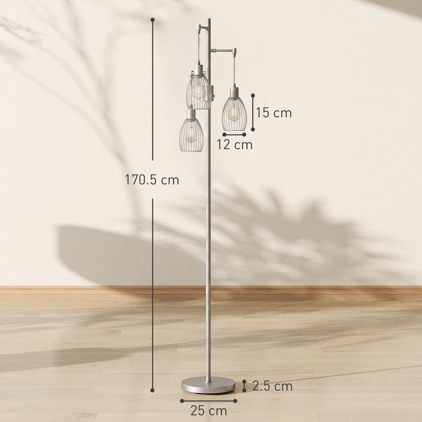 Industrial 3-Light Floor Lamp Dimmable LED Standing Lamp, Silver Tone