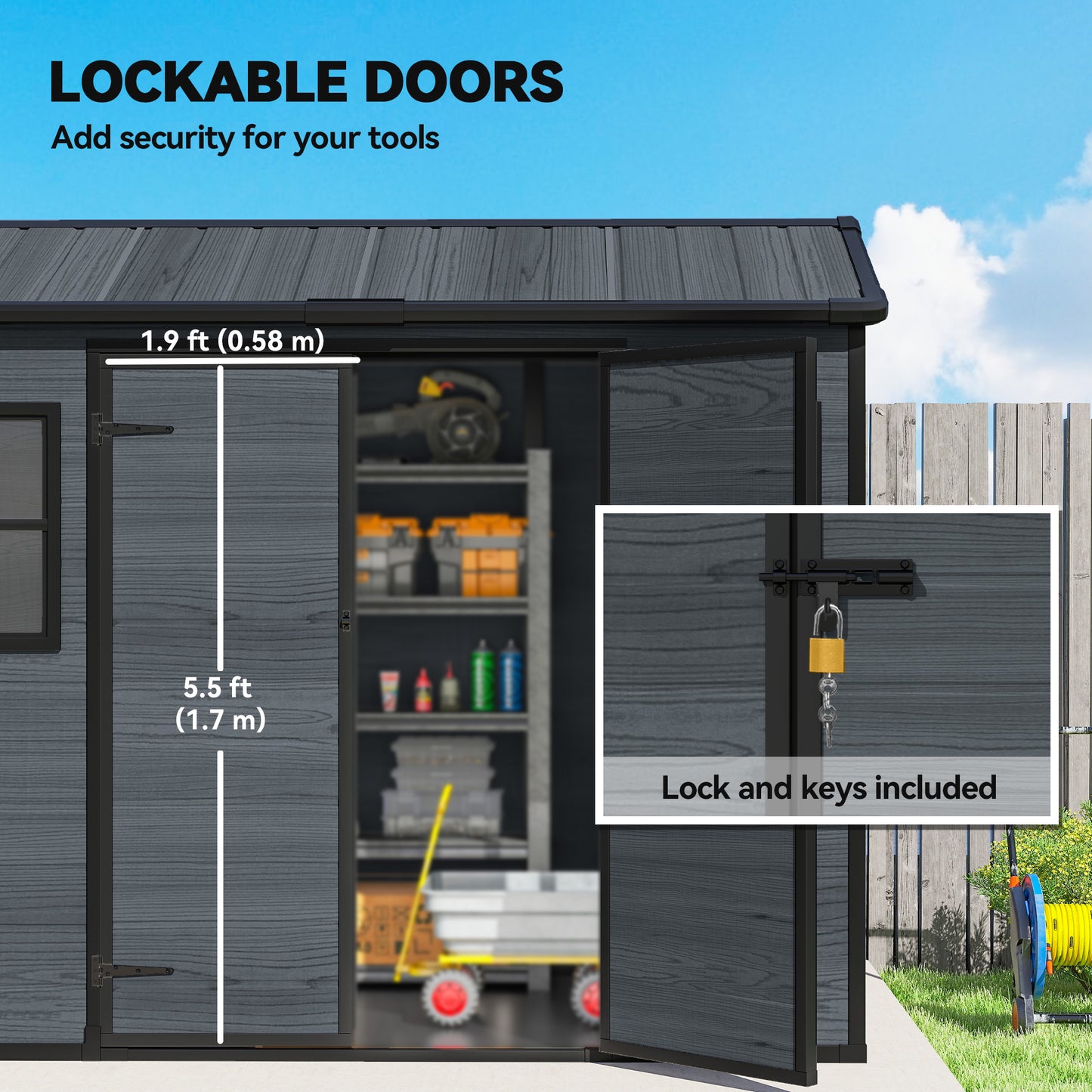 8 x 4 ft Resin Garden Shed with Floor, Lockable Doors, Dark Grey