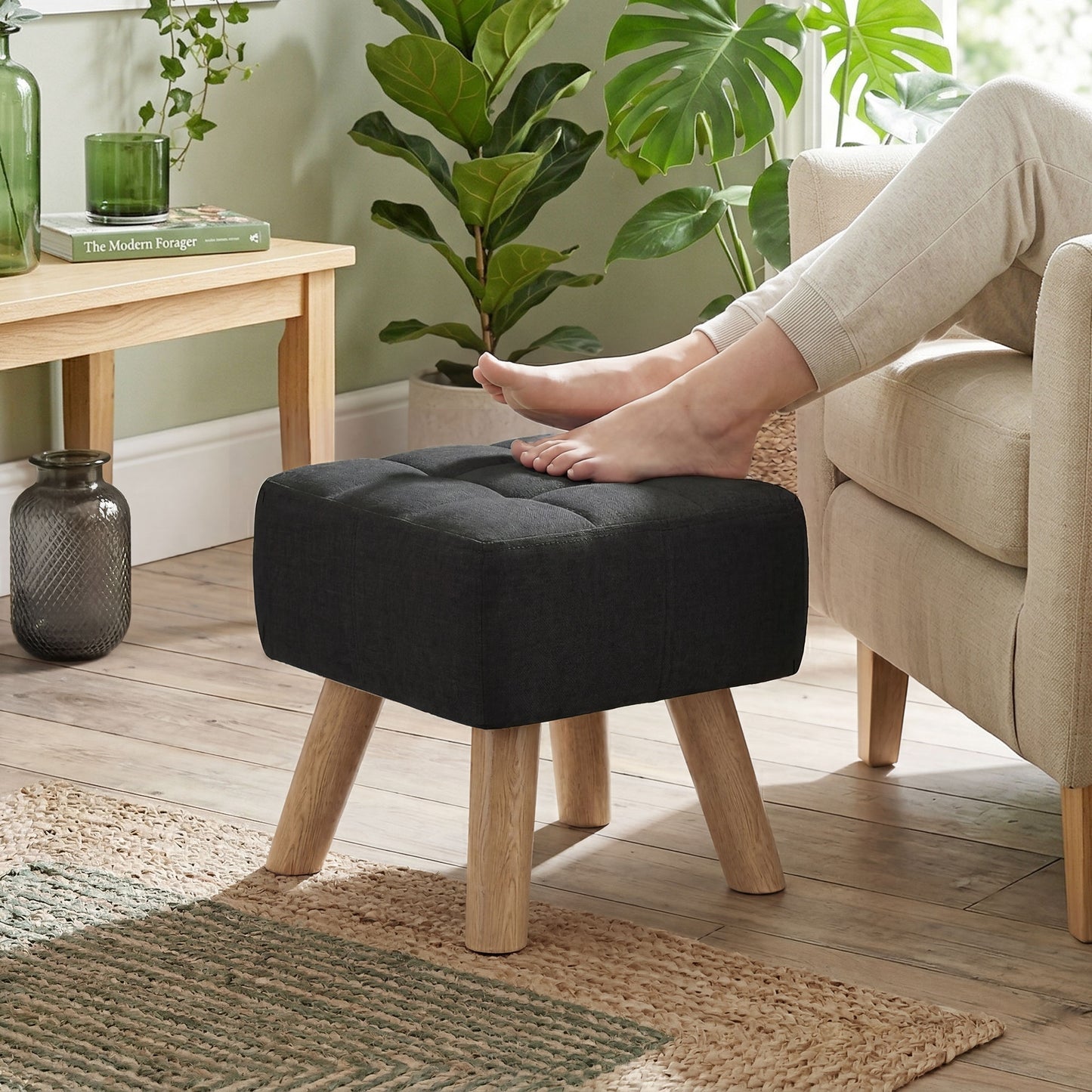 Modern Footstool, Fabric Foot Rest with Rubber Wood Legs, Black