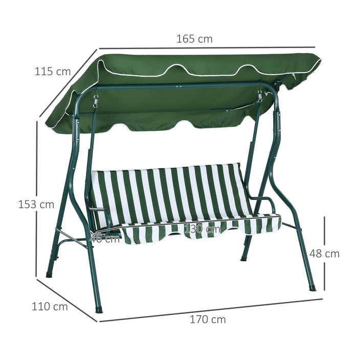 3 Seater Garden Swing Seat Chair Outdoor Bench with Adjustable Canopy and Metal Frame, Green Stripes