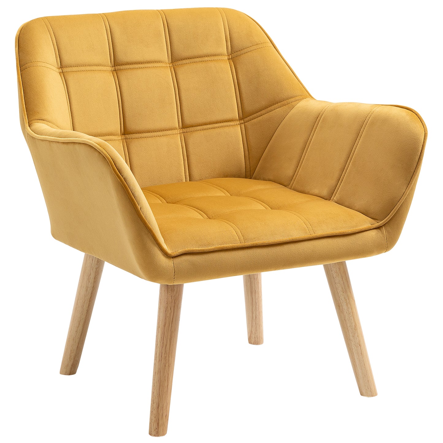 Luxe Velvet-Feel Accent Chair w/ Wide Arms Slanted Back Wood Legs Yellow