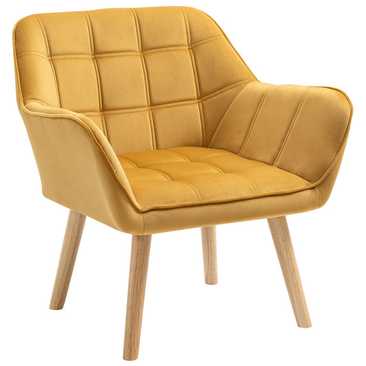 Luxe Velvet-Feel Accent Chair w/ Wide Arms Slanted Back Wood Legs Yellow