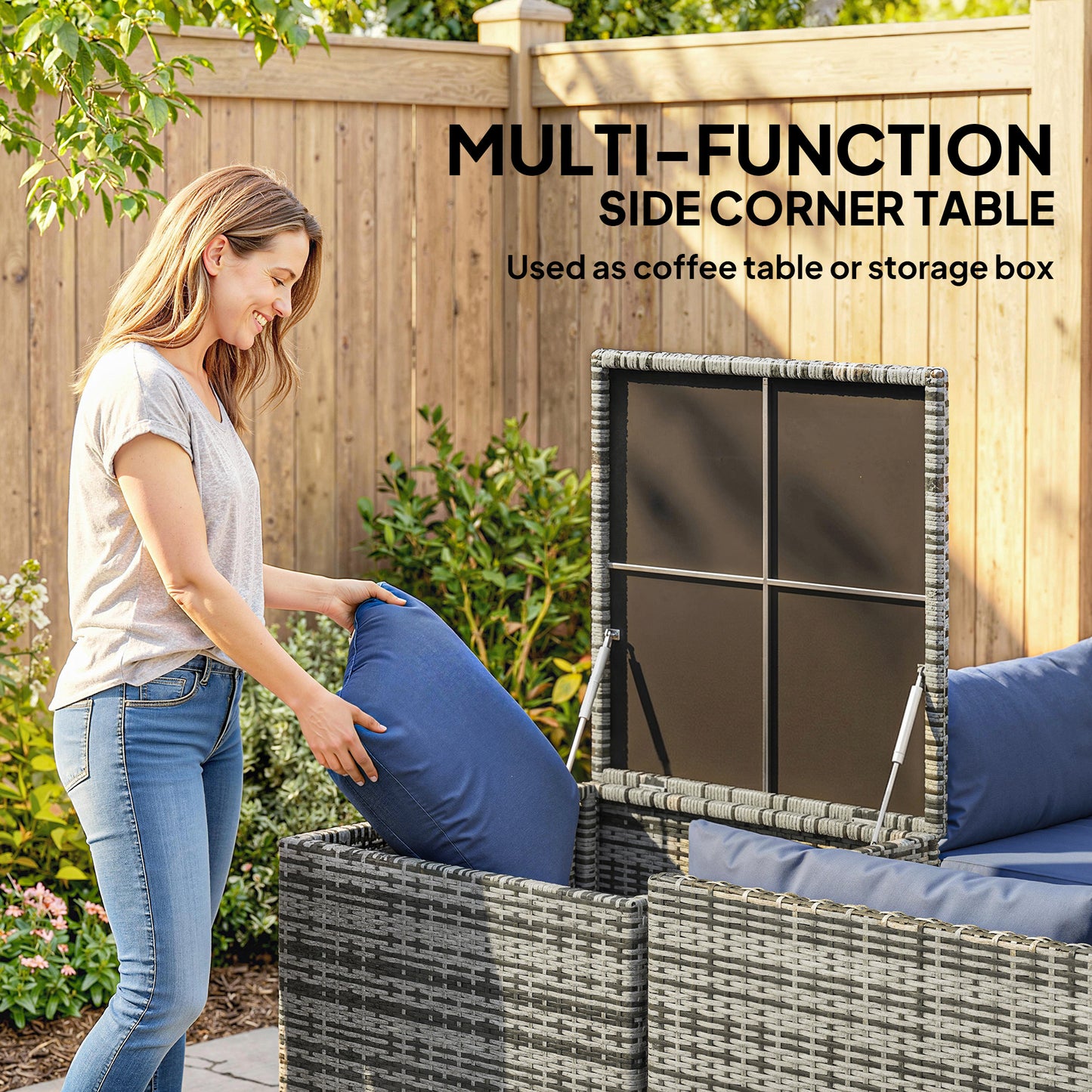 Rattan Garden Furniture Set with Storage Table, Cushions, Dark Blue