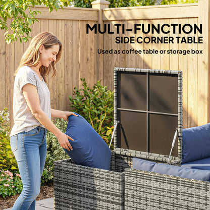 Rattan Garden Furniture Set with Storage Table, Cushions, Dark Blue