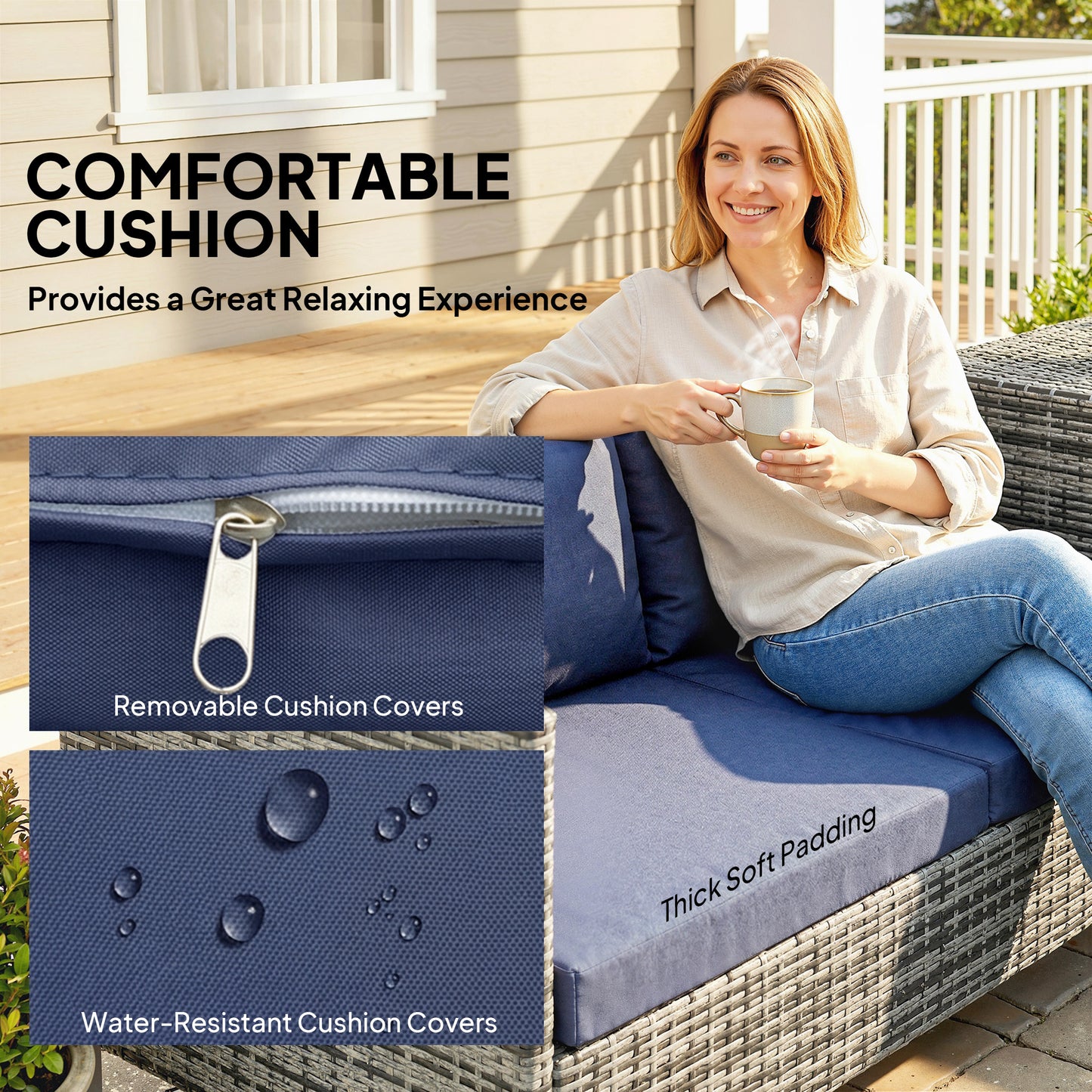 Rattan Garden Furniture Set with Storage Table, Cushions, Dark Blue