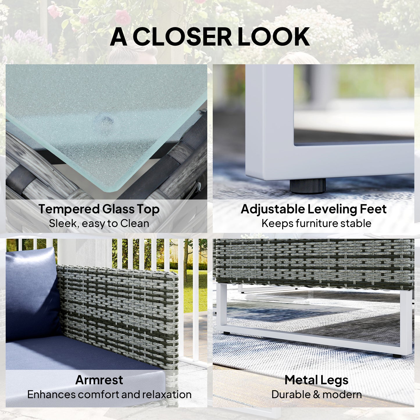 Rattan Garden Furniture Set with Storage Table, Cushions, Dark Blue