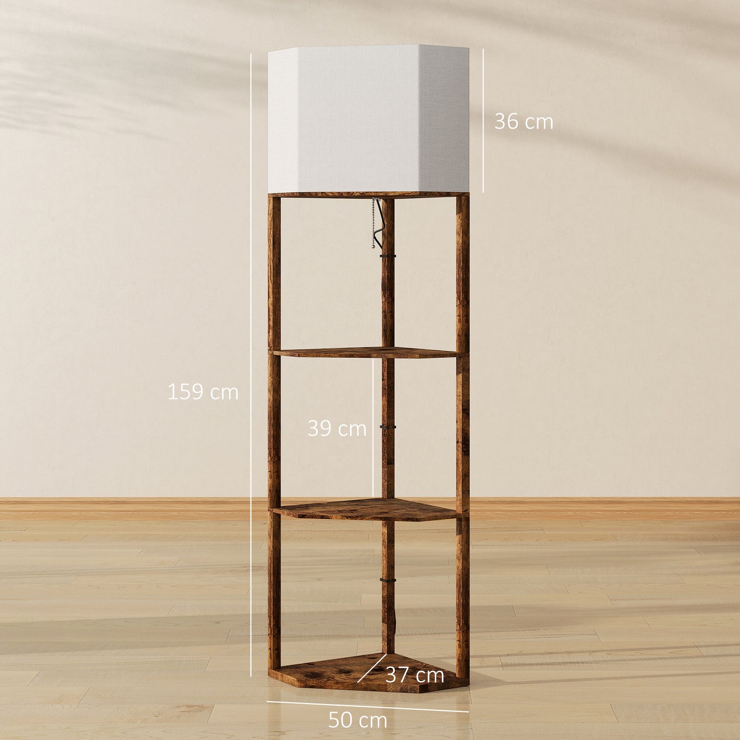 Corner Modern Floor Lamp with Shelves for Living Room, Rustic Brown