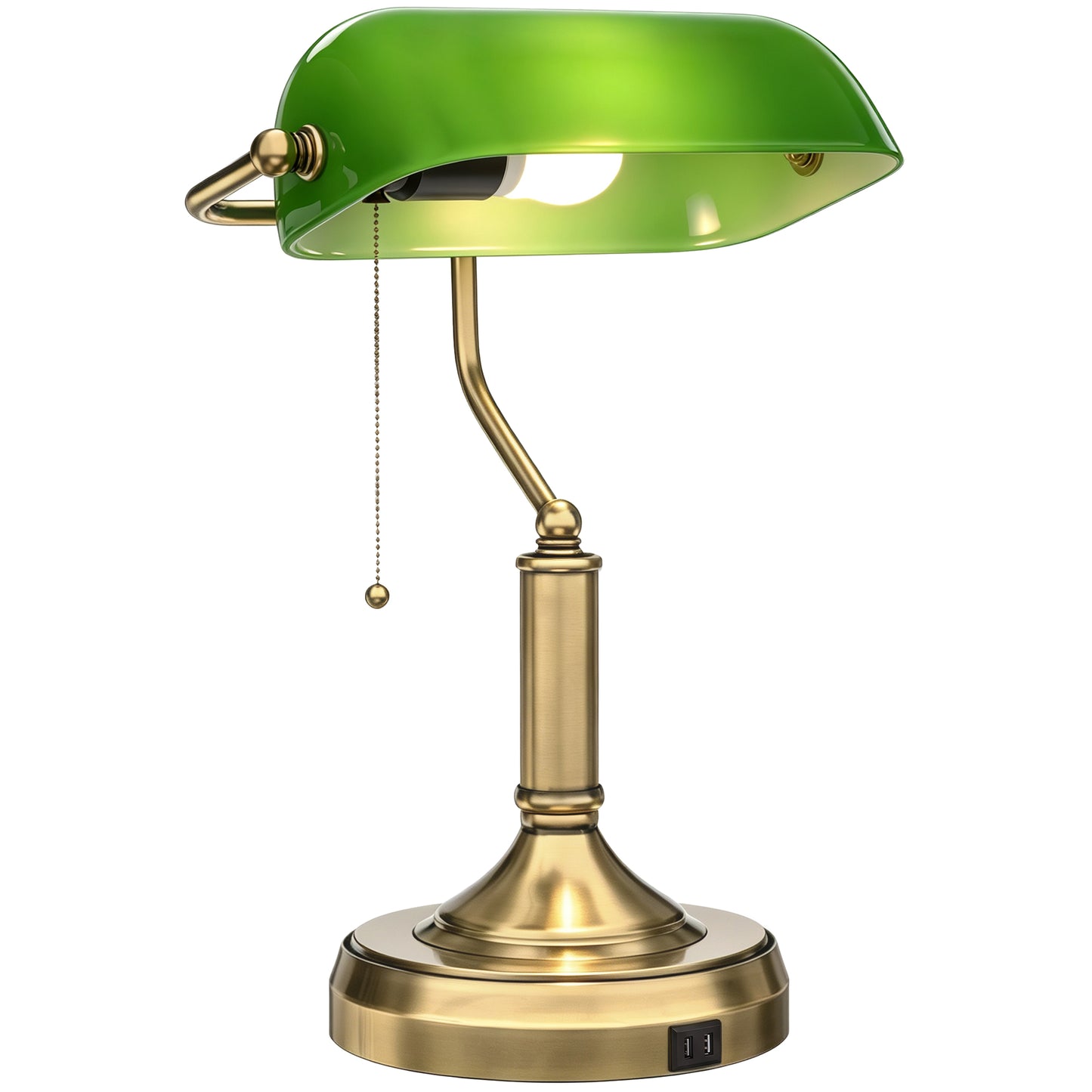 Desk Lamp with Vintage Bronze Tone Base, Pull Rope Switch, Green