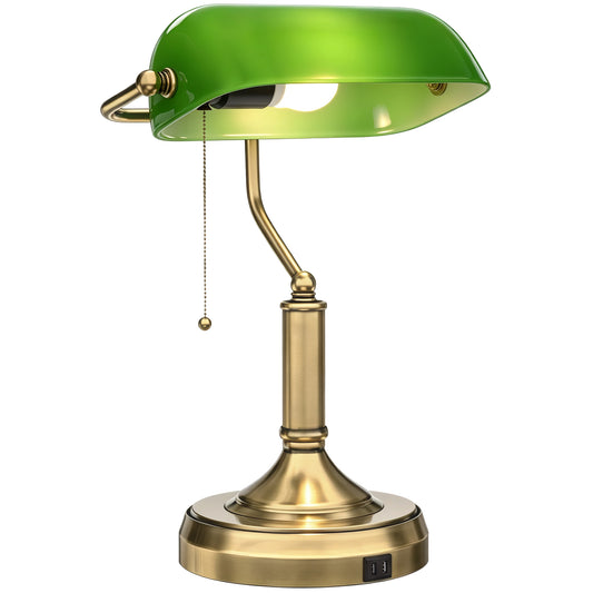 Desk Lamp with Vintage Bronze Tone Base, Pull Rope Switch, Green