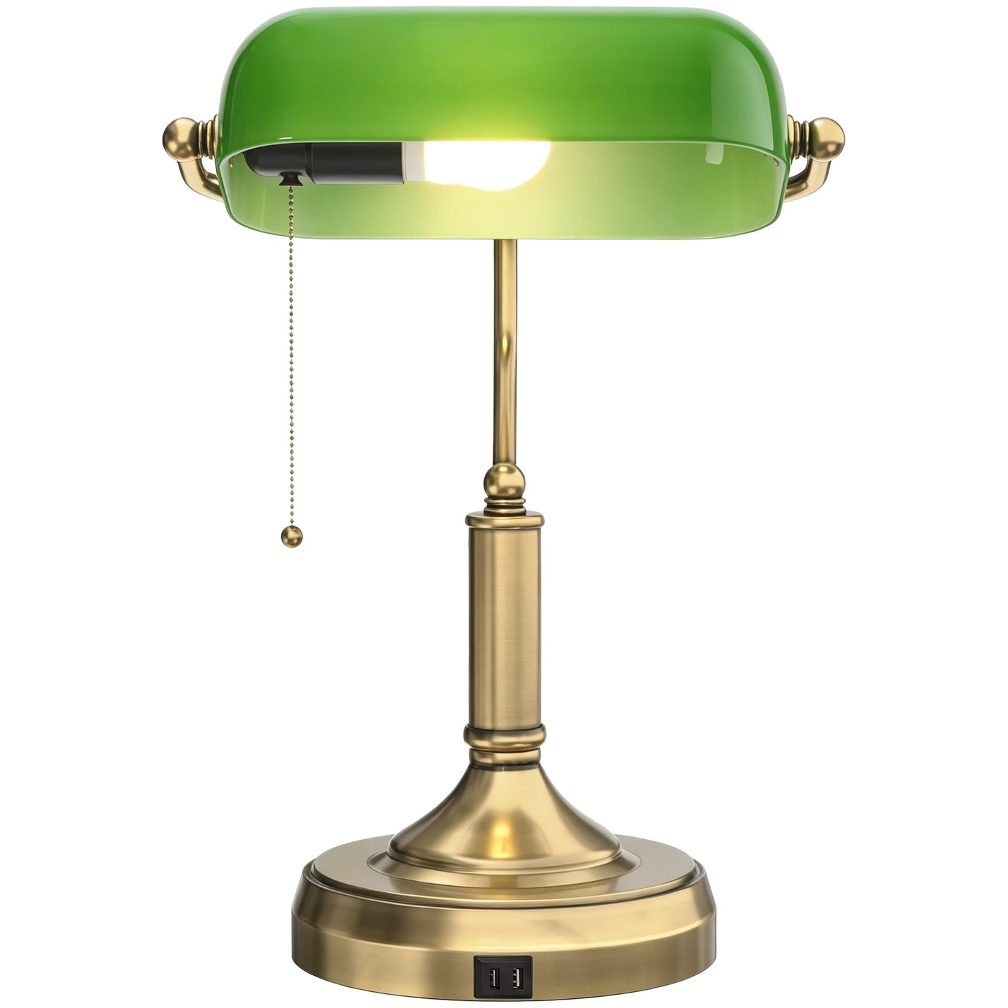 Desk Lamp with Vintage Bronze Tone Base, Pull Rope Switch, Green