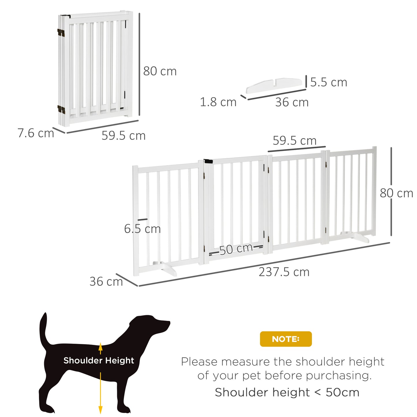 Freestanding Pet Gate for Small and Medium Dogs, Wooden Foldable Dog Safety Barrier with 4 Panels, 2 Support Feet, 80 cm Tall for Doorways, Stairs White