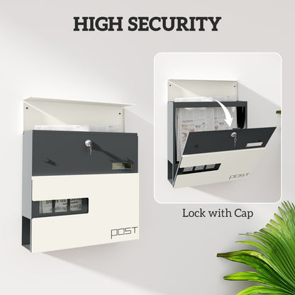 Wall Mounted Post Box, Weatherproof Letterbox with Lock, White